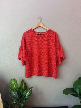 bobeau Orange Patterned Flutter-Sleeve Blouse | Costal CottageCore | Size S